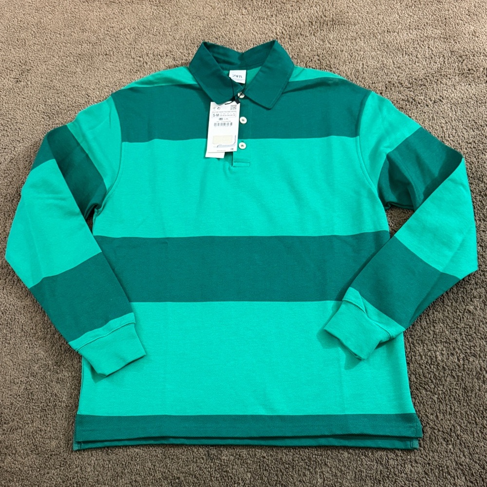 ☘️ Zara Teal and Dark Green Striped Polo Shirt